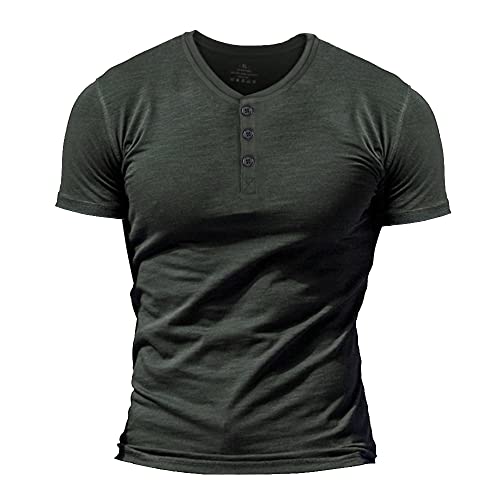 Herren Slub Henley T-Shirt Kurz Ärmel Leicht Entspannt Passen Beiläufig mit 3 Knöpfen Knopfleiste Rundhals Hemden Dunkelgrau XXL von Muscle Alive