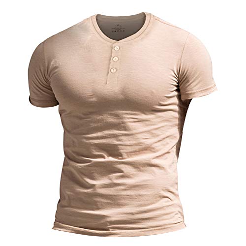 Herren Slub Henley T-Shirt Kurz Ärmel Leicht Entspannt Passen Beiläufig mit 3 Knöpfen Knopfleiste Rundhals Hemden Aprikose XL von Muscle Alive