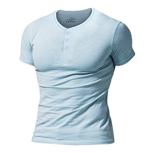 Herren Slub Henley T-Shirt Kurz Ärmel Leicht Entspannt Passen Beiläufig mit 3 Knöpfen Knopfleiste Rundhals Hemden Hellblau XXL von Muscle Alive