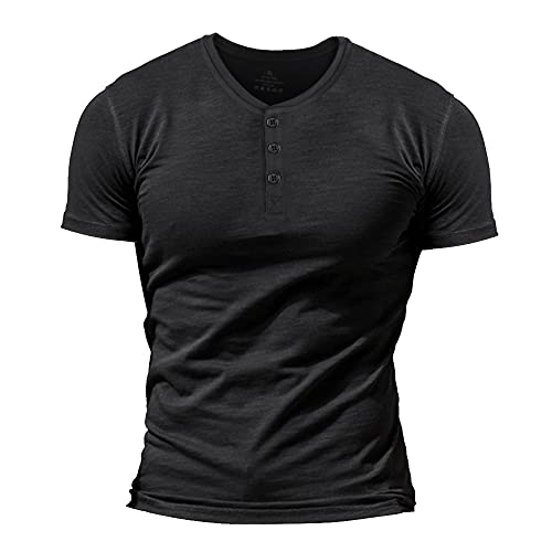 Herren Slub Henley T-Shirt Kurz Ärmel Leicht Entspannt Passen Beiläufig mit 3 Knöpfen Knopfleiste Rundhals Hemden Schwarz M von Muscle Alive