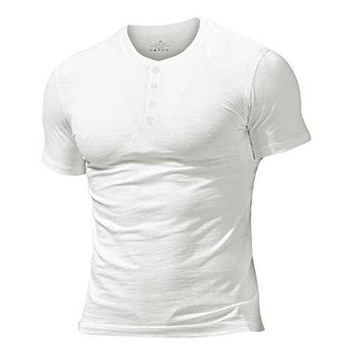 Herren Slub Henley T-Shirt Kurz Ärmel Leicht Entspannt Passen Beiläufig mit 3 Knöpfen Knopfleiste Rundhals Hemden Weiß L von Muscle Alive