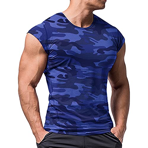 Herren Sportlich T-Shirts Tees Kurz Ärmel Bodybuilding Trainieren Ausbildung Fitness Tops Crew Hals Baumwolle Blau Camo L von Muscle Alive