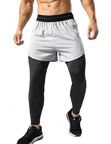 Muscle Alive Herren 2 in 1 Kompressions Leggings Laufhosen Workout Shorts Handytaschen Jogginghose Hosen Grau L von Muscle Alive