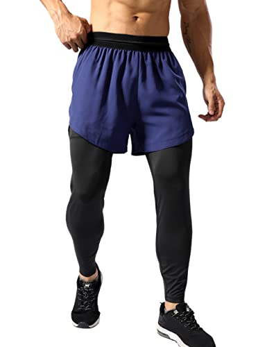 Muscle Alive Herren 2 in 1 Kompressions Leggings Laufhosen Workout Shorts Handytaschen Jogginghose Hosen Navy blau L von Muscle Alive