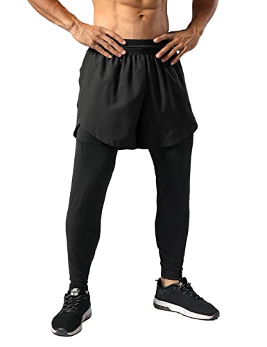 Muscle Alive Herren 2 in 1 Kompressions Leggings Laufhosen Workout Shorts Handytaschen Jogginghose Hosen Schwarz L von Muscle Alive