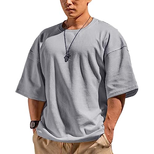 Muscle Alive Herren Basic Kurzarm Waffel Sweatshirt Lockere Trainieren Zur Seite Fahren Rundhalsausschnitt Shirt Grau XL von Muscle Alive