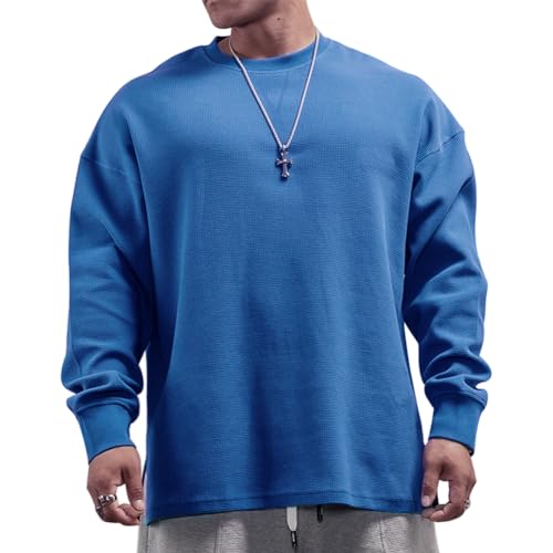 Muscle Alive Herren Basic Langarmshirts Waffel Sweatshirt Lockere Trainieren Zur Seite Fahren Rundhalsausschnitt Shirt Color Blau L von Muscle Alive