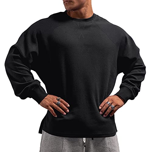 Muscle Alive Herren Basic Langarmshirts Waffel Sweatshirt Lockere Trainieren Zur Seite Fahren Rundhalsausschnitt Shirt Color Schwarz XXL von Muscle Alive