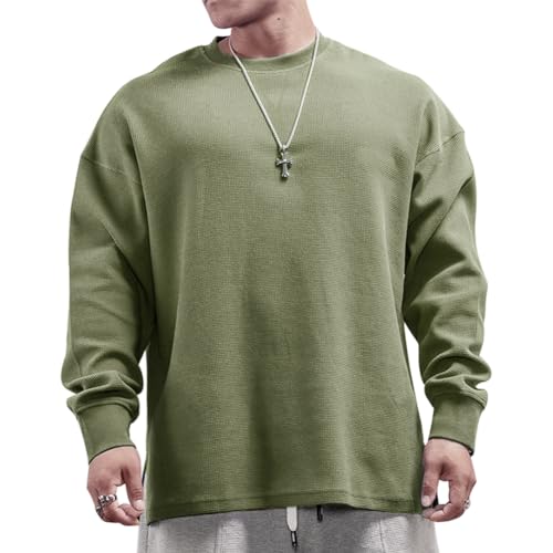 Muscle Alive Herren Basic Langarmshirts Waffel Sweatshirt Lockere Trainieren Zur Seite Fahren Rundhalsausschnitt Shirt Olivgrün L von Muscle Alive