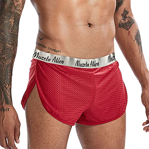 Muscle Alive Herren Extrem Mesh Kurze Hose mit Groß Teilt Seiten Unterwäsche Boxershorts Slip Unterhosen 222 Rot XXL von Muscle Alive