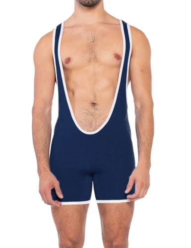 Muscle Alive Herren Fitness Athletik Tiefer Ausschnitt Ringertrikot Sport Bodysuit Overalls Navy blau M von Muscle Alive