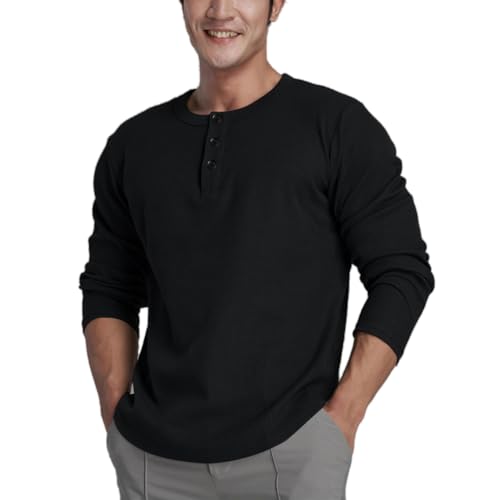 Muscle Alive Herren Henley Lange Ärmel Waffel Sweatshirt Lockere Passform Fitness Hemden Rundhalsausschnitt T2313 Schwarz L von Muscle Alive