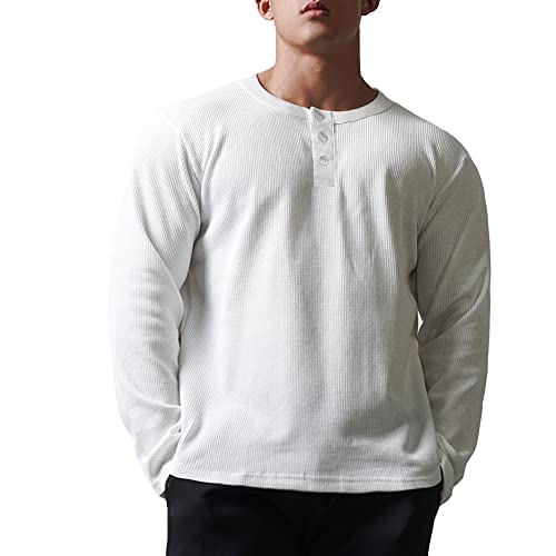 Muscle Alive Herren Henley Lange Ärmel Waffel Sweatshirt Lockere Passform Fitness Hemden Rundhalsausschnitt T2313 Weiß S von Muscle Alive