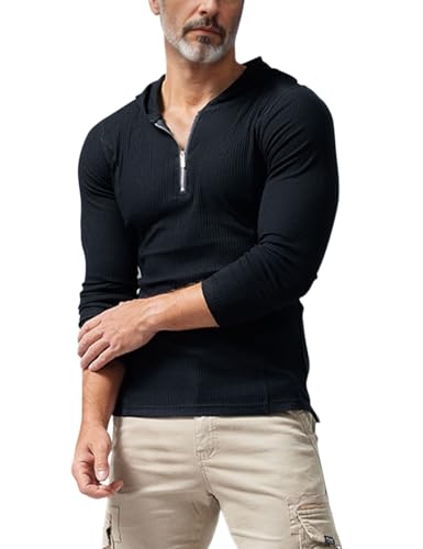 Muscle Alive Herren Mode Sweatshirts Viertelreißverschluss Sportlich Fitness Hoodies Pullover Langarm Slim Fit Schwarz S von Muscle Alive