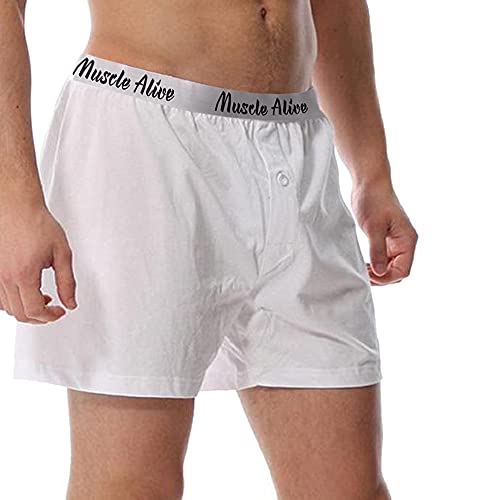 Muscle Alive Herren Stricken Boxershorts mit 5 Zoll Pyjama-Shorts Patchwork zum Lounge-Schlafen Baumwolle Weiß M von Muscle Alive