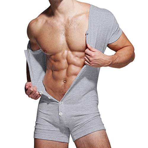 Muscle Alive Herren Unterwäsche Kurzarm Strampler Overall Henley Jumpsuit Stretchy Cotton Ramper Grau XXL von Muscle Alive