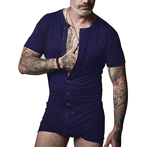 Muscle Alive Herren Unterwäsche Kurzarm Strampler Overall Henley Jumpsuit Stretchy Cotton Ramper Navy blau M von Muscle Alive