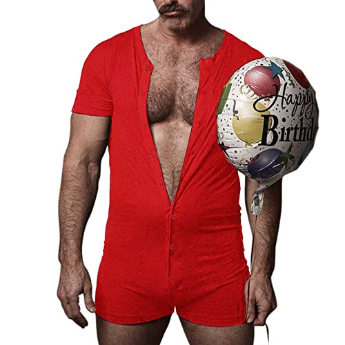 Muscle Alive Herren Unterwäsche Kurzarm Strampler Overall Henley Jumpsuit Stretchy Cotton Ramper Rot L von Muscle Alive