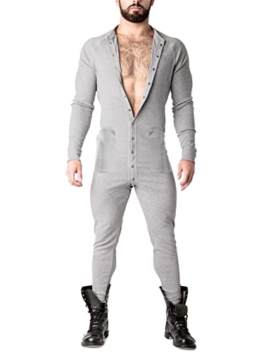 Muscle Alive Herren Unterwäsche Lange Ärmel Strampler Overall Henley Jumpsuit Stretchy Cotton Ramper Grau L von Muscle Alive