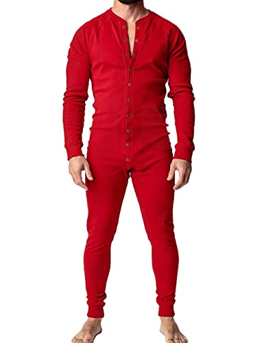 Muscle Alive Herren Unterwäsche Lange Ärmel Strampler Overall Henley Jumpsuit Stretchy Cotton Ramper Rot L von Muscle Alive