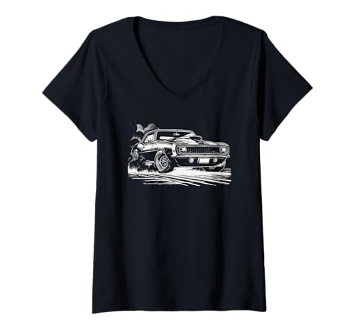Damen Vintage American Muscle Car Retro Classic 60er 70er Jahre Autoliebhaber T-Shirt mit V-Ausschnitt von Muscle Car Lover Gifts for Men Dad