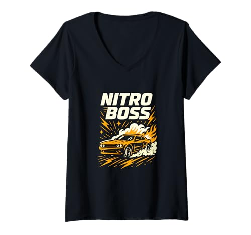 Damen Nitro Boss Straßenrennwagen-Grafik T-Shirt mit V-Ausschnitt Damen Nitro Boss Straßenrennwagen-Grafik T-Shirt mit V-Ausschnitt von Muscle Car Nitro Boost Racing Apparel