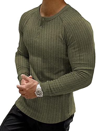 Muscle Cmdr Muscle Henley Shirt Herren Langarm, Slim-fit Langarmshirt, Freizeit T-Shirt aus Baumwolle mit Langen Ärmeln,Schlanke Passform Geripptes Hemd Armeegrün/L von Muscle Cmdr