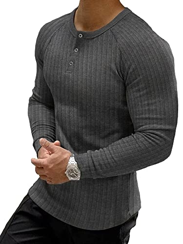 Muscle Cmdr Muscle Henley Shirt Herren Langarm, Slim-fit Langarmshirt, Freizeit T-Shirt aus Baumwolle mit Kurzen/Langen Ärmeln,Schlanke Passform Geripptes Hemd Dunkelgrau/2XL von Muscle Cmdr