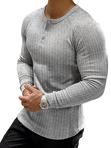 Muscle Cmdr Muscle Henley Shirt Herren Langarm, Slim-fit Langarmshirt, Freizeit T-Shirt aus Baumwolle mit Langen Ärmeln,Schlanke Passform Geripptes Hemd Grau/2XL von Muscle Cmdr