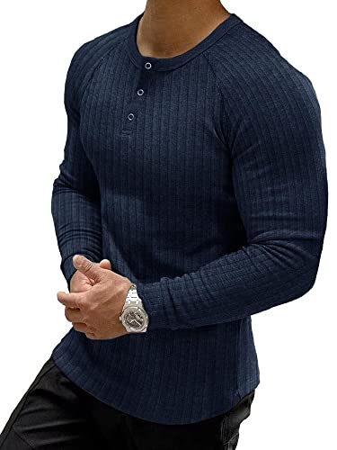 Muscle Cmdr Muscle Henley Shirt Herren Langarm, Slim-fit Langarmshirt, Freizeit T-Shirt aus Baumwolle mit Langen Ärmeln,Schlanke Passform Geripptes Hemd Navy Blau/L von Muscle Cmdr
