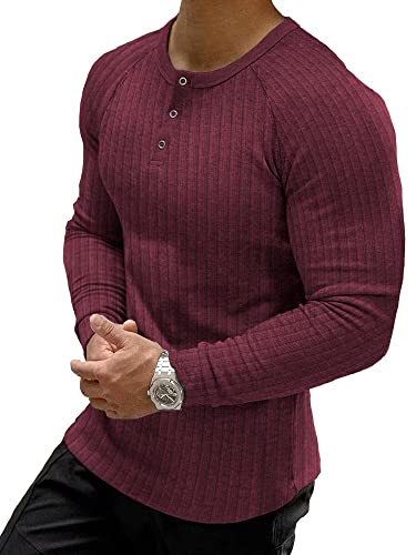 Muscle Cmdr Muscle Henley Shirt Herren Langarm, Slim-fit Langarmshirt, Freizeit T-Shirt aus Baumwolle mit Langen Ärmeln,Schlanke Passform Geripptes Hemd Rot/2XL von Muscle Cmdr