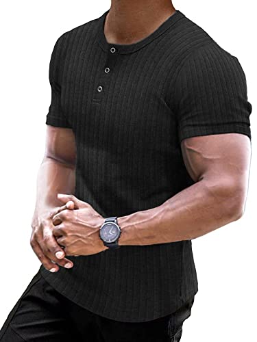 Muscle Cmdr Muscle Henley Shirt Herren Langarm, Slim-fit Langarmshirt, Freizeit T-Shirt aus Baumwolle mit Kurzen/Langen Ärmeln,Schlanke Passform Geripptes Hemd Schwarz/2XL von Muscle Cmdr