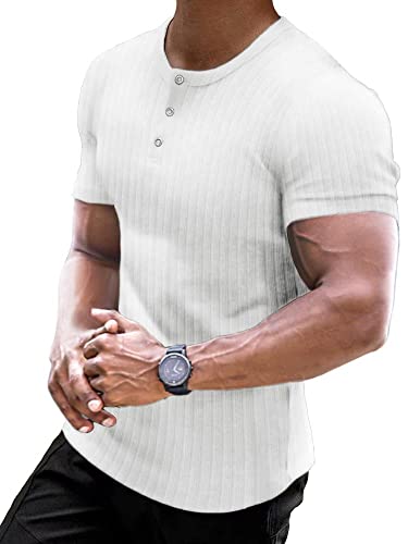 Muscle Cmdr Muscle Henley Shirt Herren Langarm, Slim-fit Langarmshirt, Freizeit T-Shirt aus Baumwolle mit Kurzen/Langen Ärmeln,Schlanke Passform Geripptes Hemd Weiß/2XL von Muscle Cmdr