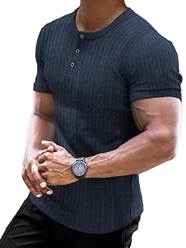 Muscle Cmdr Muscle Henley Shirt Herren Langarm, Slim-fit Langarmshirt, Freizeit T-Shirt aus Baumwolle mit Kurzen Ärmeln,Schlanke Passform Geripptes Hemd Blau/M von Muscle Cmdr