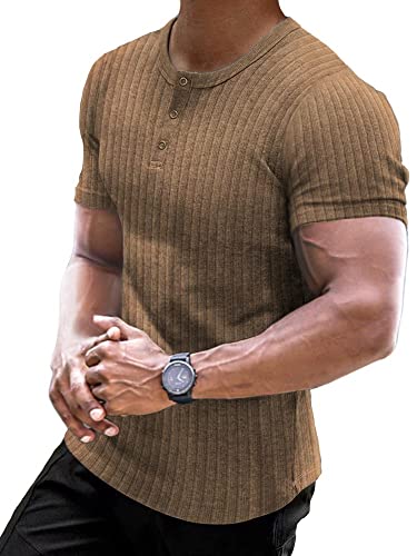Muscle Cmdr Muscle Henley Shirt Herren, Slim-fit Freizeit T-Shirt aus Baumwolle mit Kurzen Ärmeln,Schlanke Passform Geripptes Hemd Braun/L von Muscle Cmdr