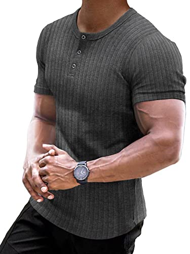 Muscle Cmdr Muscle Henley Shirt Herren, Slim-fit Freizeit T-Shirt aus Baumwolle mit Kurzen Ärmeln,Schlanke Passform Geripptes Hemd Dunkelgrau/XL von Muscle Cmdr
