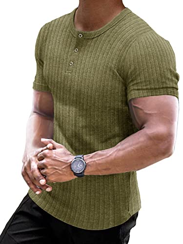 Muscle Cmdr Muscle Henley Shirt Herren Langarm, Slim-fit Langarmshirt, Freizeit T-Shirt aus Baumwolle mit Kurzen Ärmeln,Schlanke Passform Geripptes Hemd Grün/L von Muscle Cmdr