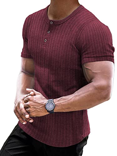 Muscle Cmdr Muscle Henley Shirt Herren Langarm, Slim-fit Langarmshirt, Freizeit T-Shirt aus Baumwolle mit Kurzen Ärmeln,Schlanke Passform Geripptes Hemd Rot/2XL von Muscle Cmdr