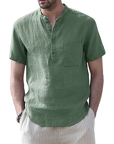 Muscle Cmdr Herren Baumwolle Henley Shirt Hemd Kurzarm Sommer Freizeithemd Regular Fit Strand-T-Shirt Grün S von Muscle Cmdr