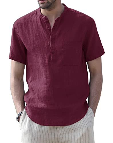 Muscle Cmdr Herren Baumwolle Henley Shirt Hemd Kurzarm Sommer Freizeithemd Regular Fit Strand-T-Shirt Rot XL von Muscle Cmdr