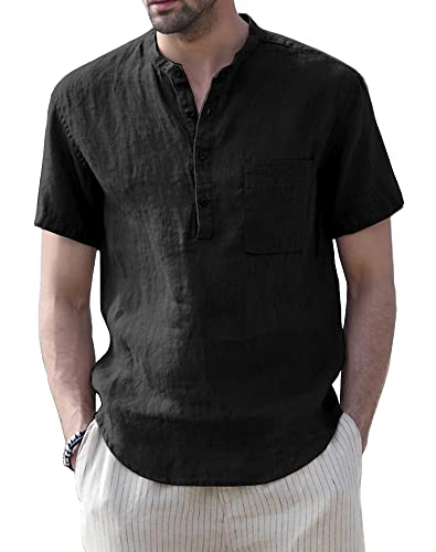Muscle Cmdr Herren Baumwolle Henley Shirt Hemd Kurzarm Sommer Freizeithemd Regular Fit Strand-T-Shirt Schwarz XL von Muscle Cmdr