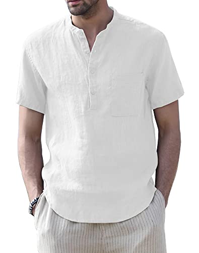 Muscle Cmdr Herren Baumwolle Henley Shirt Hemd Kurzarm Sommer Freizeithemd Regular Fit Strand-T-Shirt Weiss L von Muscle Cmdr