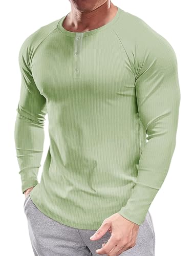 Muscle Cmdr Herren Henley Casua Langarm T-Shirt Casual 3-Knopfleiste, Langarmshirt Regualar Fit Stilvolles T-Shirt,Thermounterwäsche Grün S von Muscle Cmdr