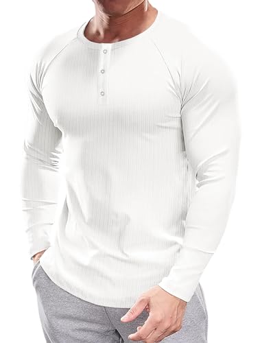 Muscle Cmdr Herren Henley Casua Langarm T-Shirt Casual 3-Knopfleiste, Langarmshirt Regualar Fit Stilvolles T-Shirt,Thermounterwäsche Weiß L von Muscle Cmdr