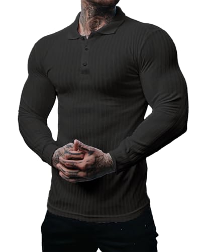 Muscle Cmdr Poloshirt Herren Langarm Baumwolle T Shirts Männer Hemd T-Shirt Slim Fit Golf Sports Schwarz/L von Muscle Cmdr