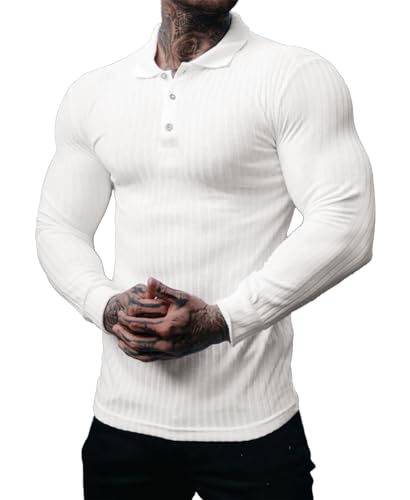 Muscle Cmdr Poloshirt Herren Langarm Baumwolle T Shirts Männer Hemd T-Shirt Slim Fit Golf Sports Weiß/S von Muscle Cmdr