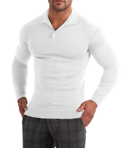 Muscle Cmdr Herren Muskel Poloshirts Slim Fit,Stretch Kurzarm Sport Tennis Golf Basic T-Shirt,Langarmshirt Herren（Weiß XS） von Muscle Cmdr