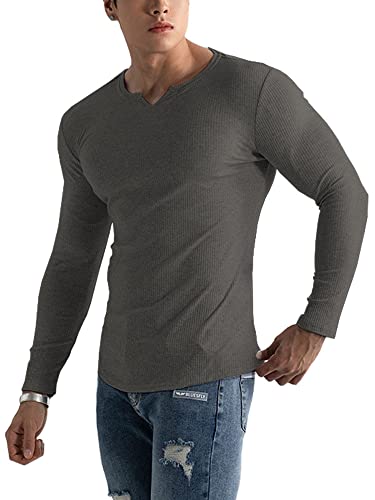 Muscle Cmdr Herren Slim Fit Langarmshirt Shirts V-Ausschnitt,Langarm&Kurzarm Sports Casual T-Shirt Muskel Workout Top Unterhemden (Grau/XS) von Muscle Cmdr