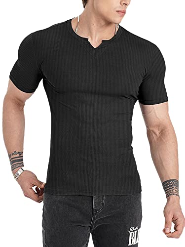 Muscle Cmdr Herren Slim Fit Tshirts V-Ausschnitt,Kurzarm Sports Casual T-Shirt Muskel Workout Top Unterhemden (Schwarz-Kurzarm/2XL) von Muscle Cmdr