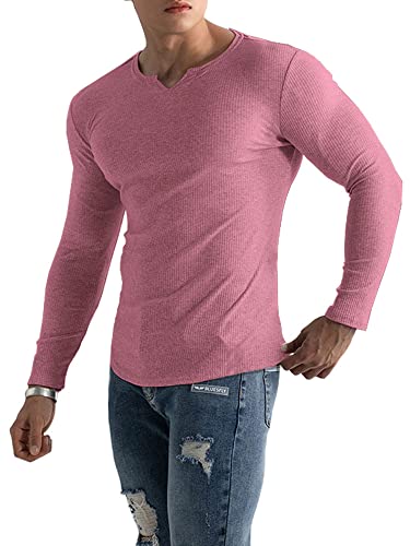 Muscle Cmdr Herren Slim Fit Langarmshirt Shirts V-Ausschnitt,Langarm&Kurzarm Sports Casual T-Shirt Muskel Workout Top Unterhemden (rosa/XS) von Muscle Cmdr